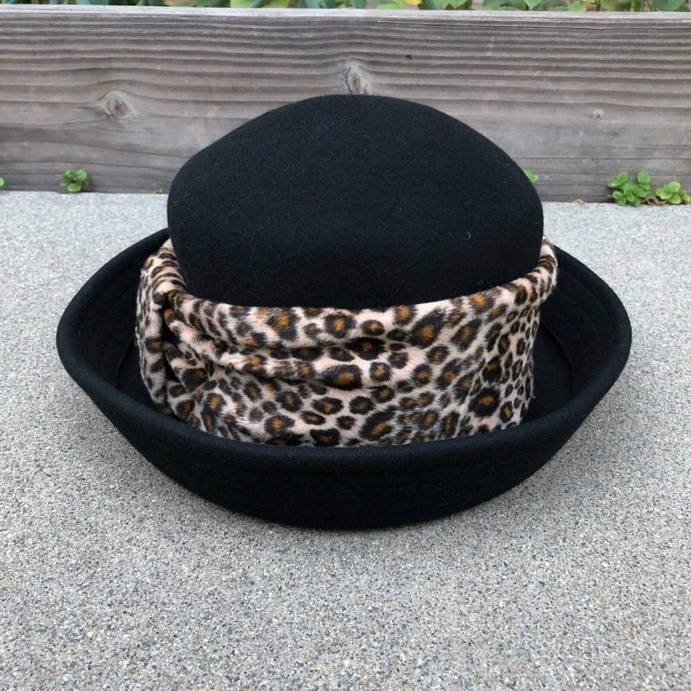 Vintage 100% Wool Cheetah Bowler Bucket Hat Women's Black Cap Retro​​​​​​